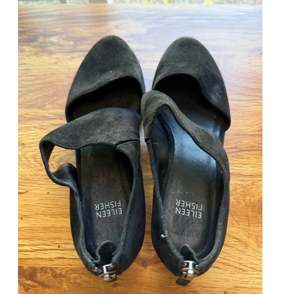 Eileen Fisher Women's Black Turban Suede Platform Wedge Sandals Back Zip Sz 8.5